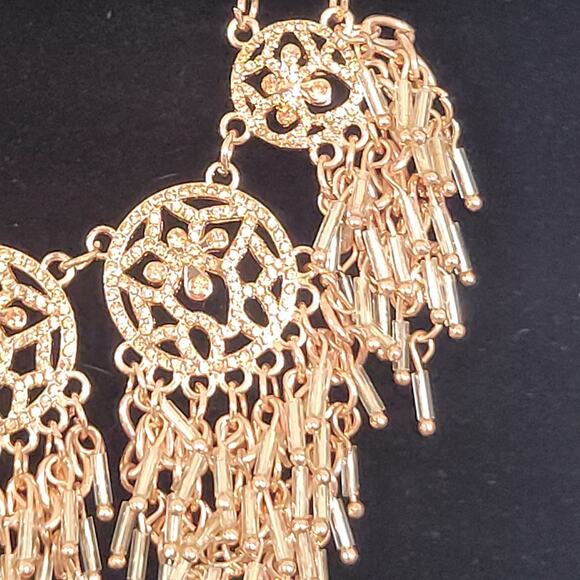 Rose Gold Tone Statement Necklace Filigree Beaded Fringe 16" +3" Extender - Picture 10 of 15